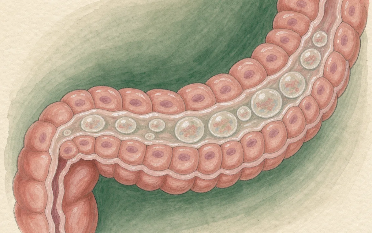 A painted intestinal fold with rose cells and small protective carrier droplets