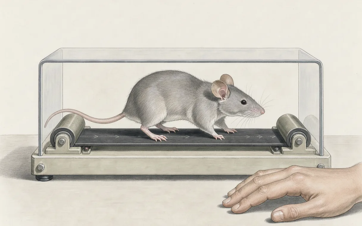 A grey mouse walks on a small laboratory treadmill behind a clear guard