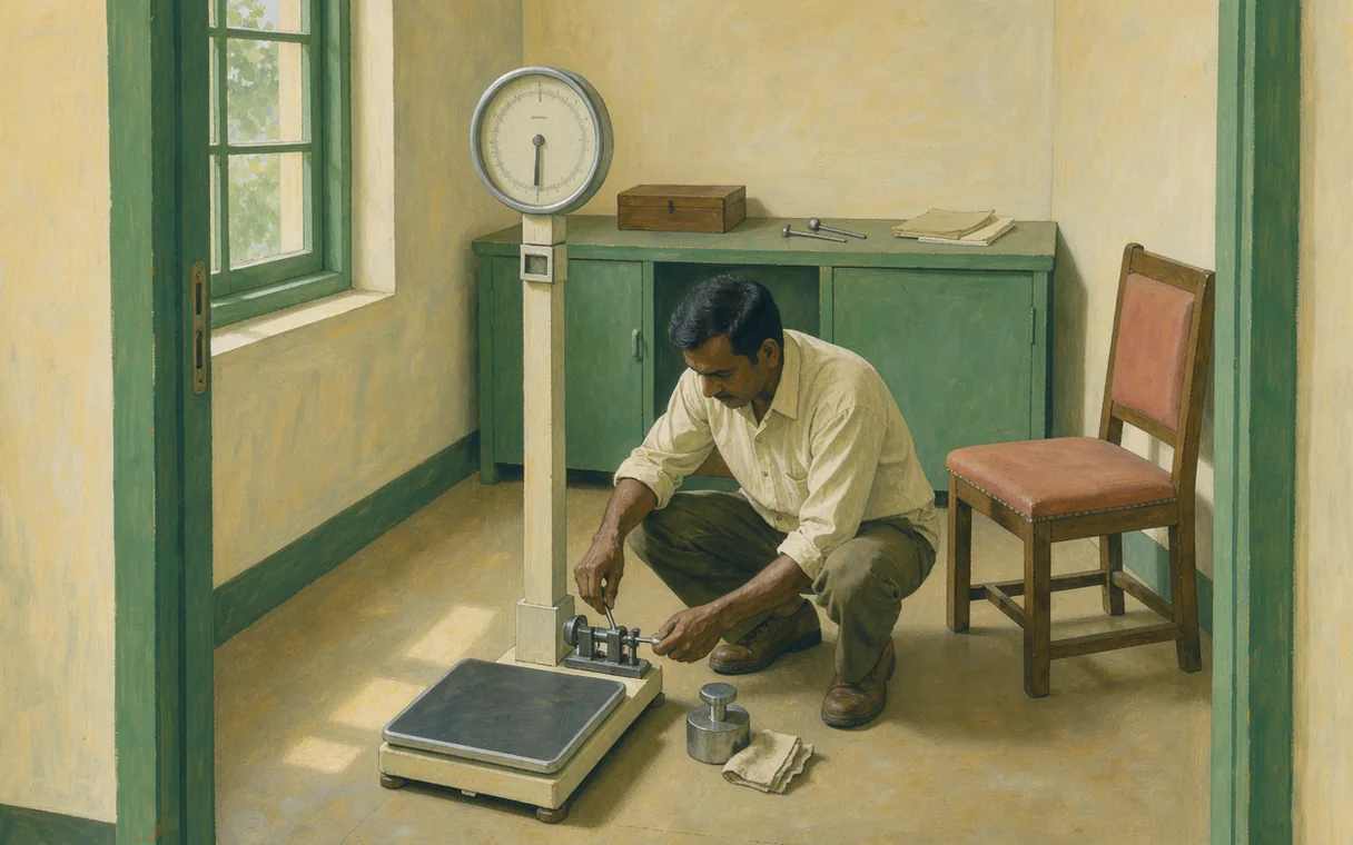 An adult calibrates a floor scale beside an empty measurement chair